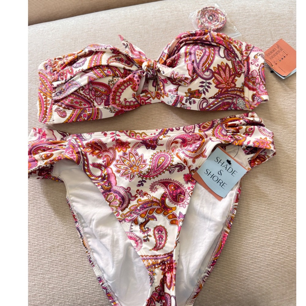 Shade & Shore Pink Paisley Bandeau Bikini Set XL Mid Rise High Leg NWT